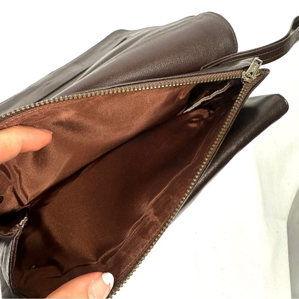 Vintage German Leather Clutch Brown Double-G Corner Hardware 80s Minimalist